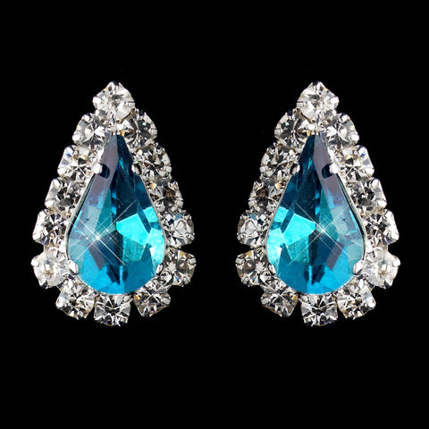 Silver Teal & Clear Teardrop Stud Bridal Wedding Earrings 1361