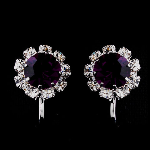 Silver Amethyst & Clear Round Rhinestone Stud Bridal Wedding Earrings 1442