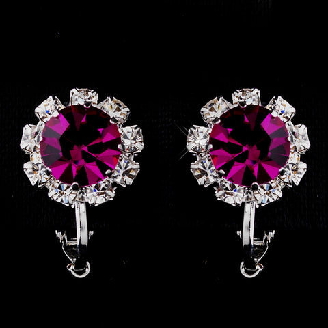 Silver Fuchsia & Clear Round Rhinestone Stud Bridal Wedding Earrings 1442