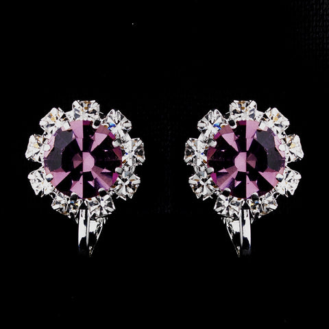 Silver Light Amethyst & Clear Round Rhinestone Stud Bridal Wedding Clip or Pierce Earrings 1442
