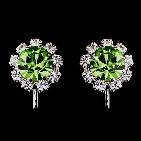 Silver Peridot & Clear Round Rhinestone Bridal Wedding Hair Clipped Stud Bridal Wedding Earrings 1442