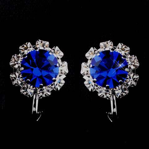 Silver Sapphire & Clear Round Rhinestone Stud Bridal Wedding Earrings 1442