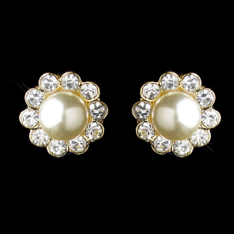 Gold Ivory Pearl & Round Rhinestone Flower Stud Bridal Wedding Earrings 2070