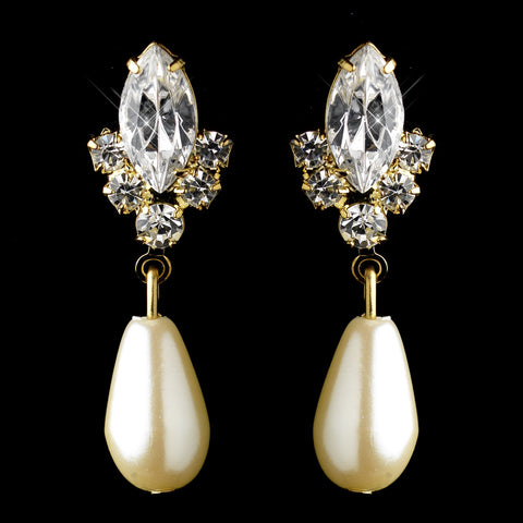 Gold Ivory Pearl & Clear Teardrop Rhinestone Dangle Bridal Wedding Earrings 2214