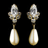 Gold Ivory Pearl & Clear Teardrop Rhinestone Dangle Bridal Wedding Earrings 2214