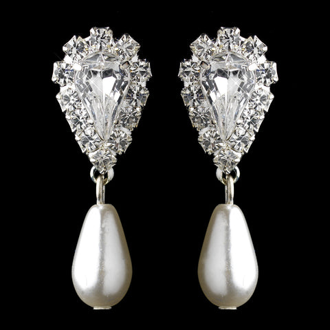 Silver White Pearl & Clear Teardrop Rhinestone Dangle Bridal Wedding Earrings 2214
