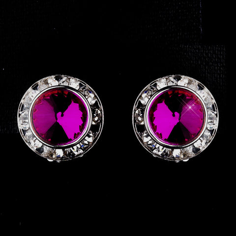 Silver Fuchsia Rhinestone Rondelle Stud Bridal Wedding Earrings 4712