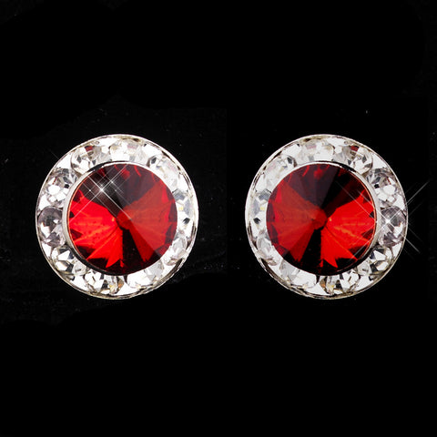 Silver Red Rhinestone Stud Button Bridal Wedding Earrings 4722