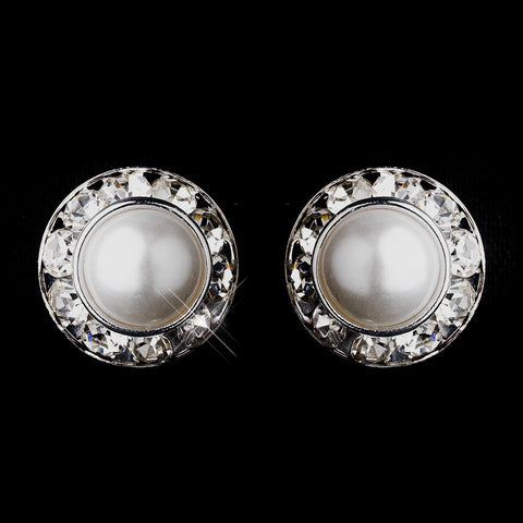 Silver White Pearl & Clear Rhinestone Stud Button Bridal Wedding Earrings 4722