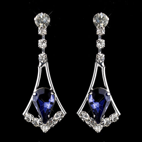 Silver Navy & Clear Teardrop Dangle Bridal Wedding Earrings 5103