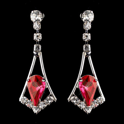 Silver Red & Clear Teardrop Dangle Bridal Wedding Earrings 5103