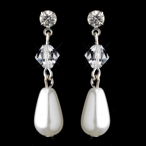 Silver White Czech Pearl, Swarovski Crystal and Rhinestone Drop Bridal Wedding Earrings 8650