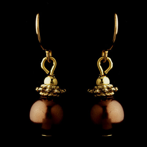 Gold Brown Glass Pearl & Bali Bead Drop Bridal Wedding Earrings 8662