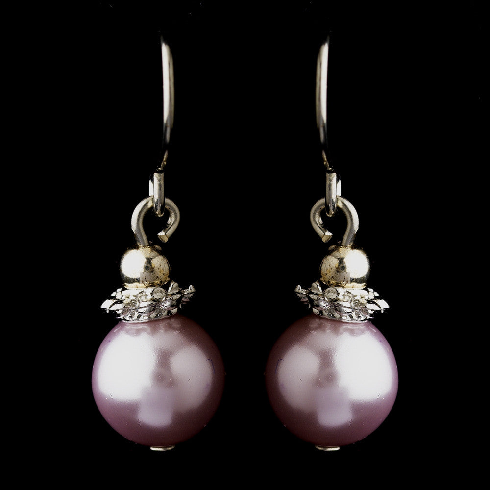 Silver Light Amethyst Glass Pearl & Bali Bead Drop Bridal Wedding Earrings 8662
