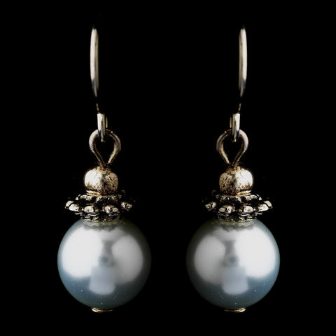Silver Light Blue Glass Pearl & Bali Bead Drop Bridal Wedding Earrings 8662