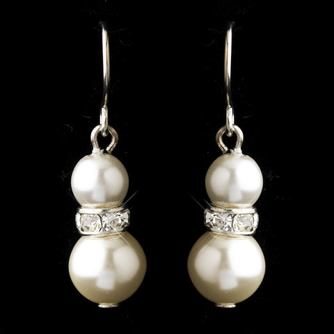 Silver White Czech Glass Pearl & Rhinestone Rondelle Drop Bridal Wedding Earrings 8667