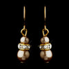 Gold Light Brown Czech Pearl & Clear Rhinestone Rondelle Drop Bridal Wedding Earrings 8805
