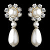 Silver White Pearl & Clear Rhinestone Floral Drop Bridal Wedding Earrings 9061