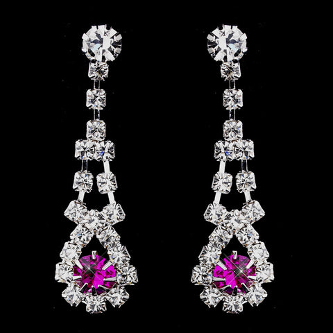 Silver Fuchsia & Clear Rhinestone Dangle Bridal Wedding Earrings 9381
