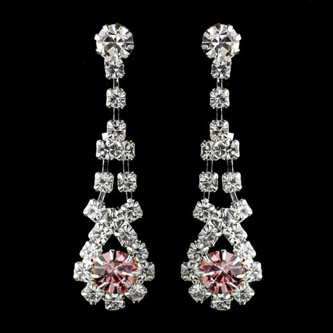 Silver Pink & Clear Rhinestone Dangle Bridal Wedding Earrings 9381