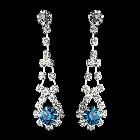 Silver Teal & Clear Rhinestone Dangle Bridal Wedding Earrings 9381