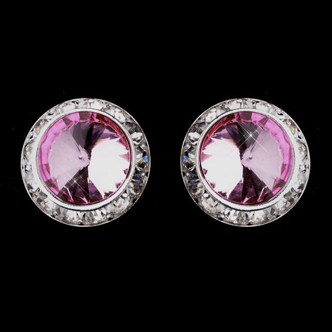 Silver Pink Round Rhinestone Rondelle Stud Bridal Wedding Earrings 9932