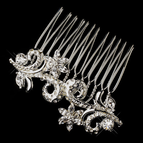 Silver Clear Rhinestone Swirl Floral Bridal Wedding Hair Comb 2210