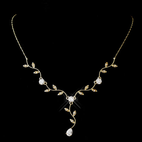 Gold Clear CZ Teardrop Vine Bridal Wedding Necklace 0116