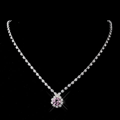Silver Light Amethyst & Clear Round Rhinestone Bridal Wedding Necklace 0511