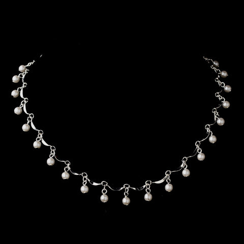 Silver White Pearl Dangle Bridal Wedding Necklace 0991