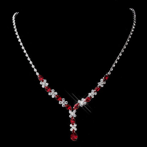 Silver Red & Clear Marquise Bridal Wedding Necklace 1007