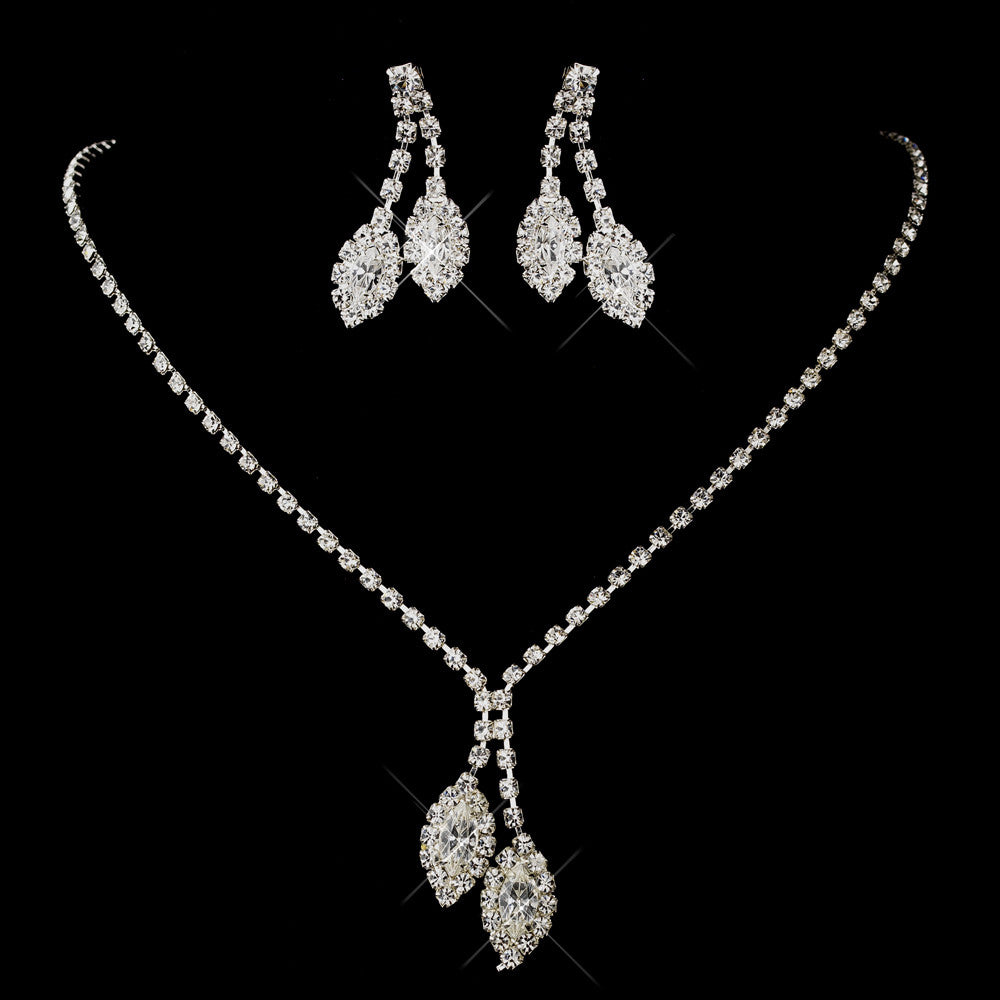 Silver Clear Double Marquise Rhinestone Bridal Wedding Necklace 1815 & Bridal Wedding Earrings 0392 Bridal Wedding Jewelry Set
