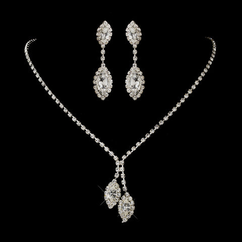 Silver Clear Double Marquise Rhinestone Bridal Wedding Necklace 1815 & Bridal Wedding Earrings 8874 Bridal Wedding Jewelry Set