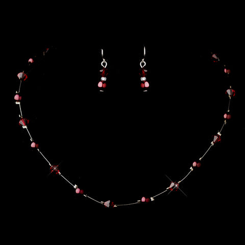 Silver Burgundy Illusion Czech Glass Pearl & Swarovski Crystal Bead Bridal Wedding Jewelry Set 2031