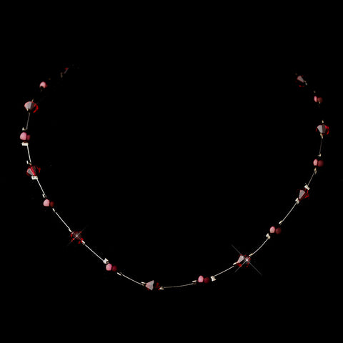 Silver Burgundy Illusion Czech Glass Pearl & Swarovski Crystal Bead Bridal Wedding Necklace 2031