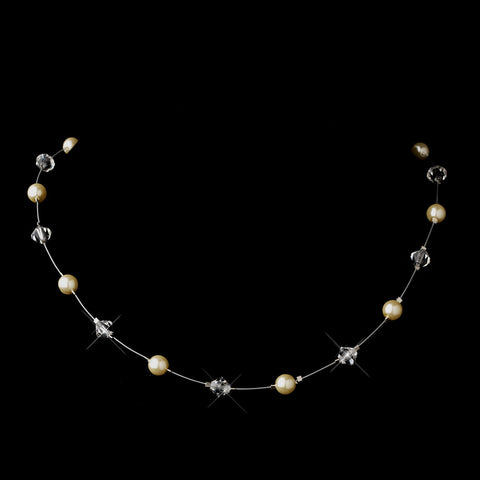 Silver Ivory Illusion Czech Glass Pearl & Swarovski Crystal Bead Bridal Wedding Necklace 2031