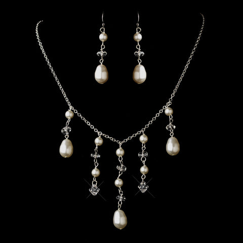 Silver Ivory Glass Pearl & Swarovski Crystal Bead Dangle Bridal Wedding Jewelry Set 2124