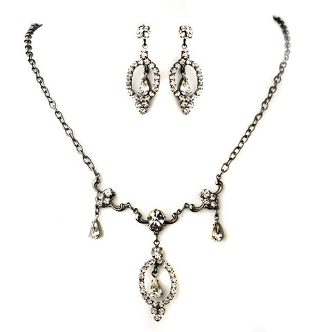 Hematite Clear Round & Teardrop Rhinestone Bridal Wedding Jewelry Set 2840