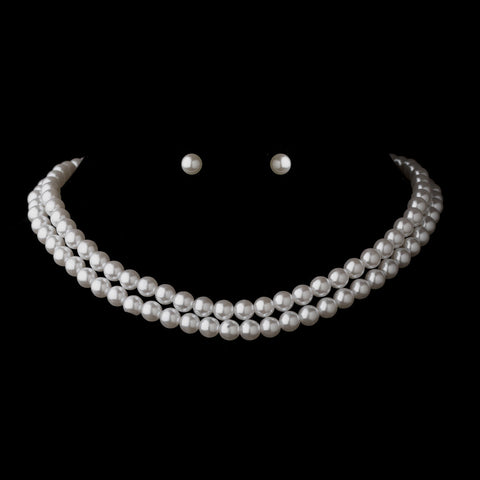 Two Row Silver White Glass Pearl Choker Bridal Wedding Necklace 4121 & Bridal Wedding Earrings 1402 Bridal Wedding Jewelry Set