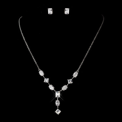 Antique Silver Rhodium Multi Shaped CZ Crystal Bridal Wedding Necklace 6071 & Bridal Wedding Earrings 3010 Bridal Wedding Jewelry Set