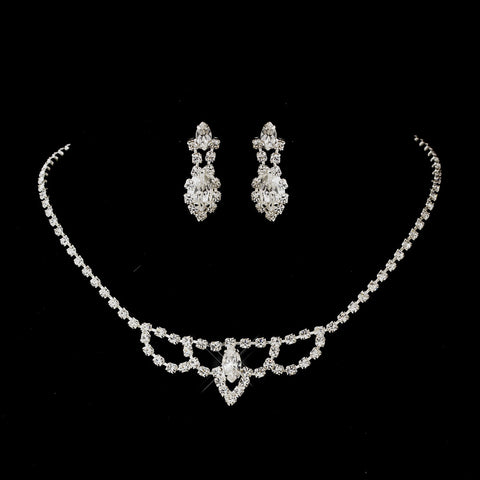 Silver Clear Round & Marquise Rhinestone Bridal Wedding Necklace 7011-2 & Bridal Wedding Earrings 7662-1