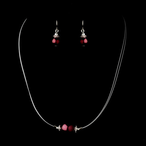 Silver Burgundy Czech Glass Pearl & Bali Bead Illusion Bridal Wedding Jewelry Set 8662