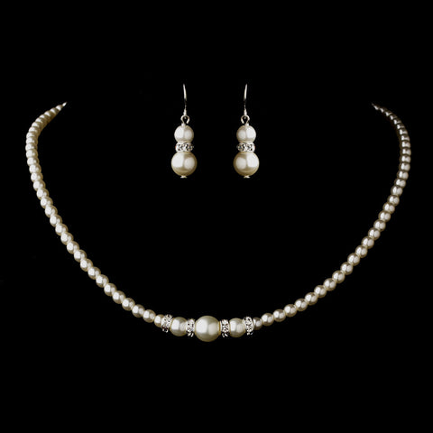 Silver White Czech Glass Pearl & Rhinestone Rondelle Bridal Wedding Necklace 8664 & Bridal Wedding Earrings 8667