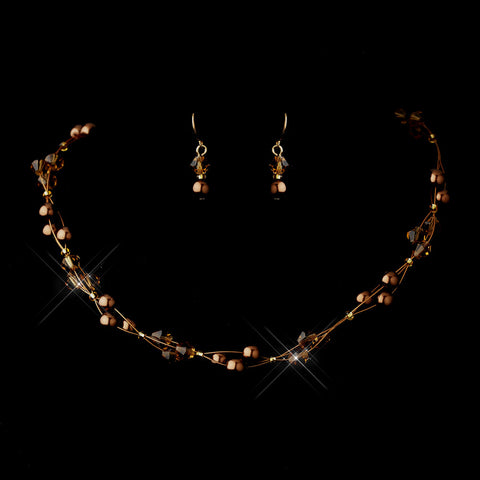 Gold Brown Czech Glass Pearl & Swarovski Crystal Bead Multiweave Illusion Bridal Wedding Necklace 8672 & Bridal Wedding Earrings 2031 Bridal Wedding Jewelry Set