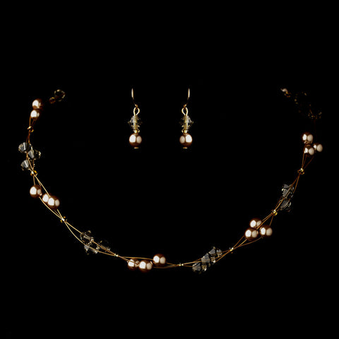 Gold Light Brown Czech Glass Pearl & Swarovski Crystal Bead Multiweave Illusion Bridal Wedding Necklace 8672 & Bridal Wedding Earrings 2031 Bridal Wedding Jewelry Set