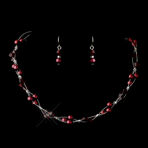 Silver Burgundy Czech Glass Pearl & Swarovski Crystal Bead Multiweave Illusion Bridal Wedding Necklace 8672 & Bridal Wedding Earrings 2031 Bridal Wedding Jewelry Set