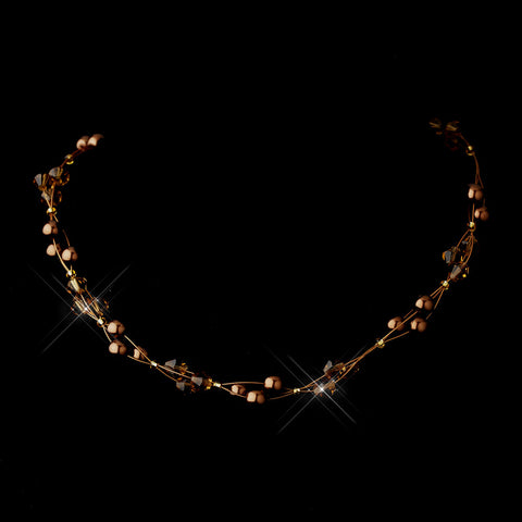 Gold Brown Czech Glass Pearl & Swarovski Crystal Bead Multiweave Illusion Bridal Wedding Necklace 8672