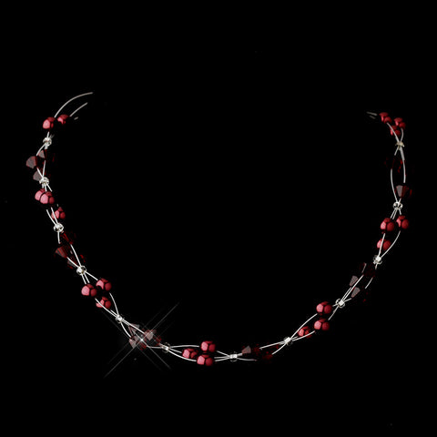 Silver Burgundy Czech Glass Pearl & Swarovski Crystal Bead Multiweave Illusion Bridal Wedding Necklace 8672