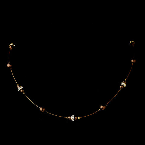 Gold Brown Czech Glass Pearl & Clear Rhinestone Rondelle Bridal Wedding Necklace 8805