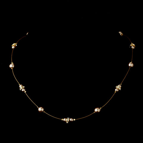 Gold Light Brown Czech Glass Pearl & Clear Rhinestone Rondelle Bridal Wedding Necklace 8805